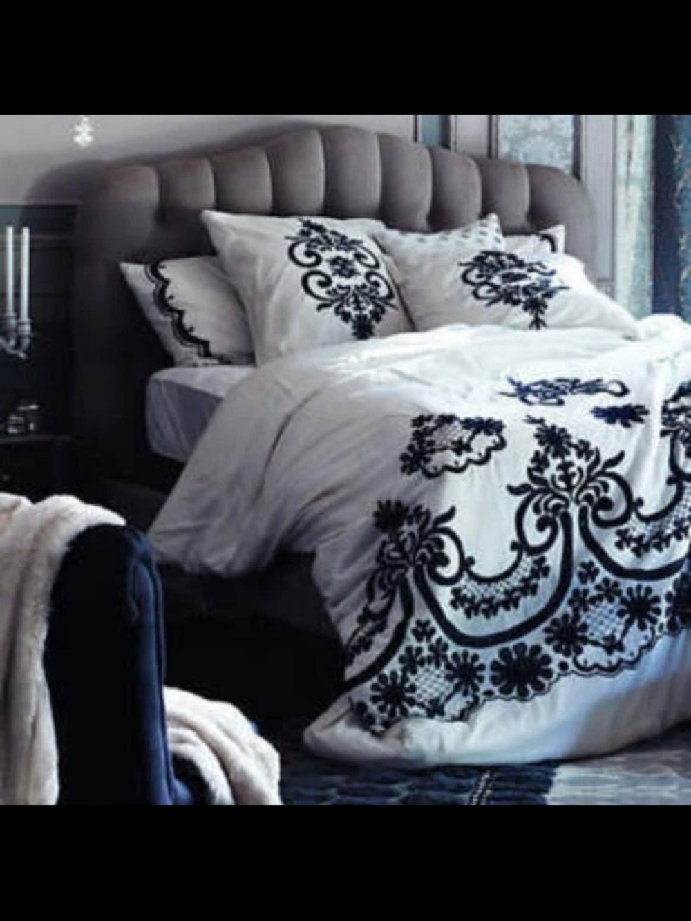 Anthropologie Samirah Off-White Duvet Cover with Damask Motif in Blues